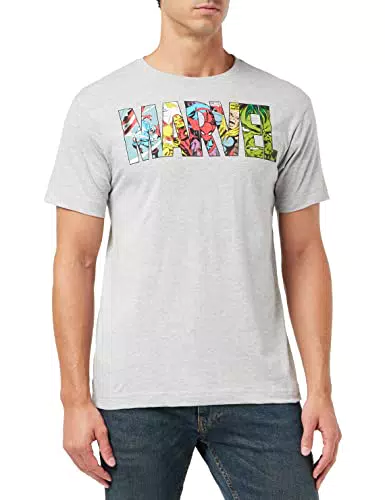 MARVEL Comic Strip Logo T-Shirt Camiseta, Gris, Large para Hombre