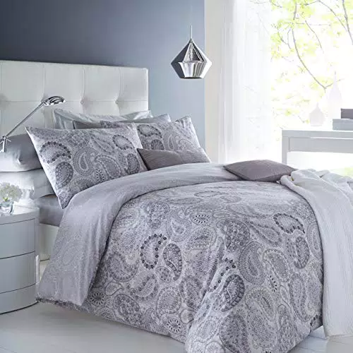 Sleepdown Paisley Grey Juego edredón y Fundas de Almohada con Estampado de Cachemir