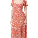 Springfield Vestido Midi Frunce Escote, Estampado Rojo