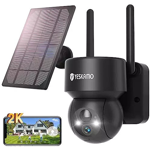 YESKAMO Cámara de Vigilancia WiFi Exterior 2K Batería 15000mAh Inalámbrica PTZ 360° con Panel Solar IP66 sin Cable