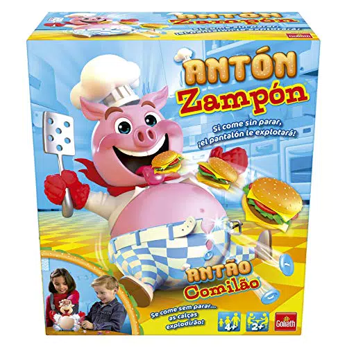 Antón Zampón, Juego De Mesa. Si come sin parar el cinturón explotará. Juego para niños a partir de 4 años. Cerdito come hamburguesas