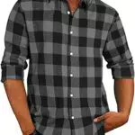 APOONABA Camisa Franela Hombre Manga Larga Cuadros Camisas Hombre Casual Shirts con Botón Vintage Franela Shirt Regular Fit Primavera Otoño Invierno Negro