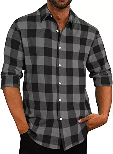 APOONABA Camisa Franela Hombre Manga Larga Cuadros Camisas Hombre Casual Shirts con Botón Vintage Franela Shirt Regular Fit Primavera Otoño Invierno Negro