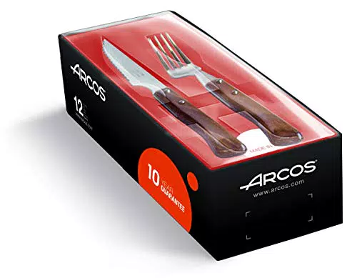ARCOS Juego de 12 Cubiertos para Mesa. Set de 6 Cuchillos Chuleteros y 6 Tenedores en Madera de Haya y Acero Inoxidable. Estuche para Carne. Serie Mesa. Color Marrón