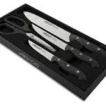Arcos Juego de Cuchillos de Cocina cuatro piezas. 3 Cuchillos chef y 1 tijeras Acero Inoxidable y mango ergonómico polioximetileno para cortar carne. pescado y verduras. Color negro
