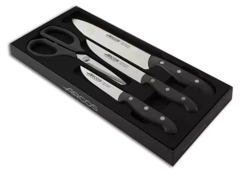 Arcos Juego de Cuchillos de Cocina cuatro piezas. 3 Cuchillos chef y 1 tijeras Acero Inoxidable y mango ergonómico polioximetileno para cortar carne. pescado y verduras. Color negro