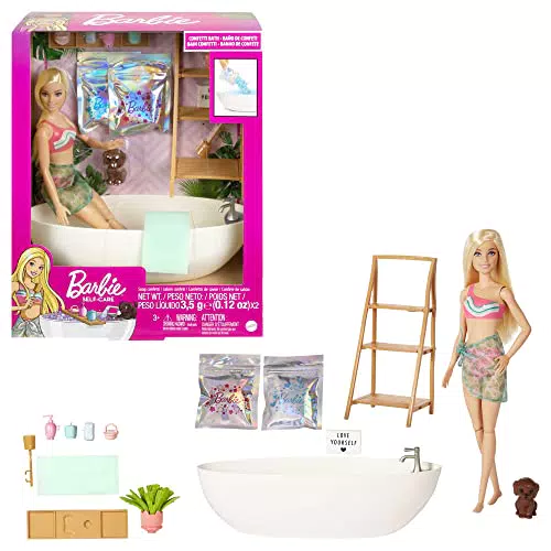 Barbie Bienestar Muñeca rubia con bañera, confeti que cambia de color el agua y accesorios de baño