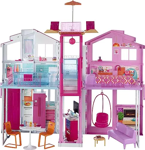 Barbie Supercasa, casa de muñecas con accesorios, con cuatro habitaciones