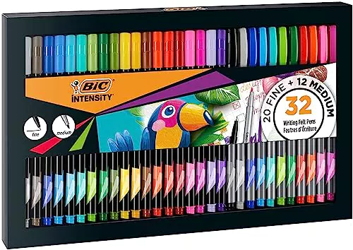BIC Intensity Estuche de 32 rotuladores de punta fina y media - Colores surtidos para escribir