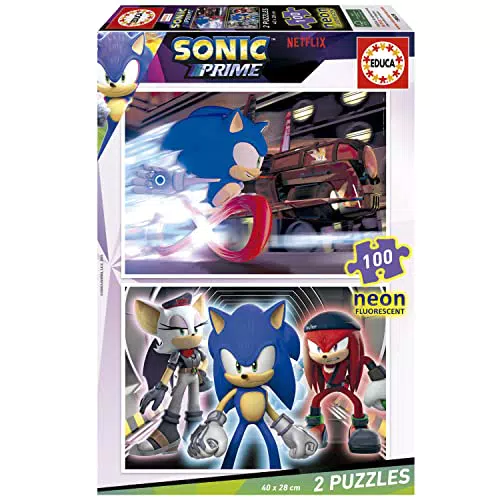 Educa - Sonic Prime Neon, Set de 2 puzzles con 100 piezas que brillan en la oscuridad. Medida aproximada una vez montado: 40 x 28 cm. Compuesto por grandes piezas. +6 años