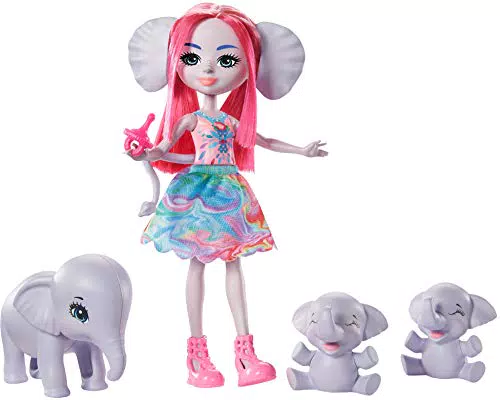 Enchantimals Sunny Savanna Muñeca Esmeralda Elephant con familia de elefantes mascota de juguete
