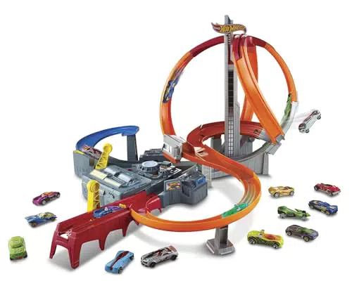 Hot Wheels Pista de coches de juguetes Spin Storm con dos lanzadores y dos loopings