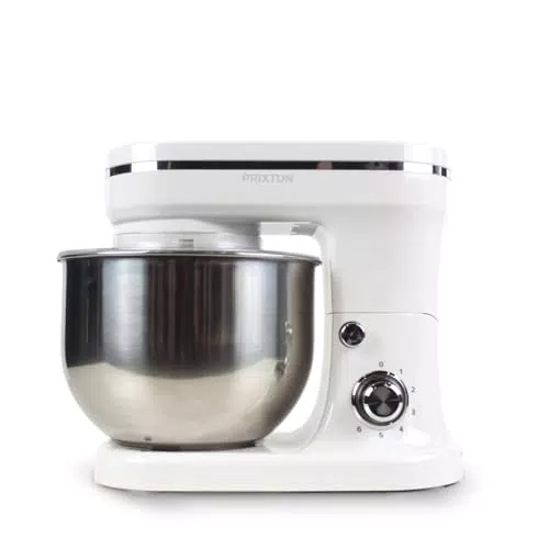 PRIXTON KR200 - Batidora Amasadora Reposteria Potencia 1200 W 6 Velocidades Bol Acero Inoxidable 5 litros 3 accesorios Tapa Transparente