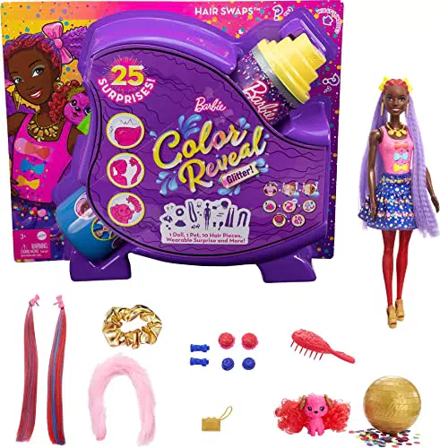 Barbie Color Reveal Peinados Lazos, muñeca sorpresa de juguete con accesorios para el pelo y mascota