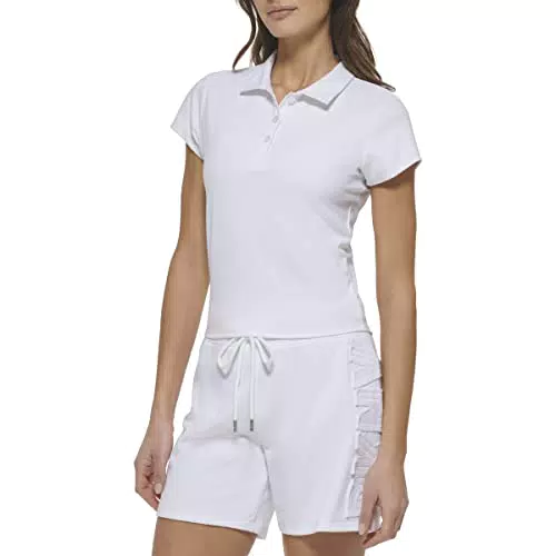 DKNY Polo con Cuello en V de Equilibrio, Blanco, XS para Mujer