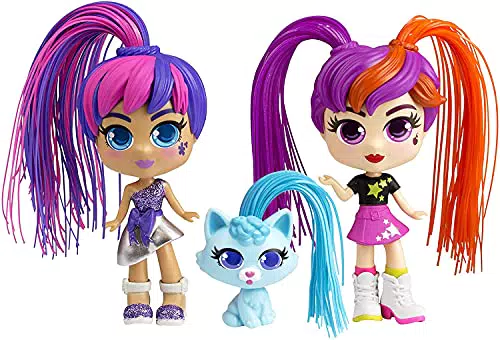 Exost CURLIGIRLS - Muñecas - Curligirls and Pet Twin Set - Cabello mágico para Hacer infinitos Peinados - 2 muñecas y 1 Mascota - Accesorios incluidos - Muñeca 15 cm - Mascota 6 cm