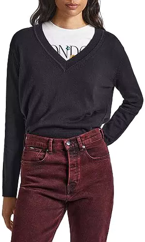 Pepe Jeans Donna V Neck Pullover Sweater, Negro, S para Mujer