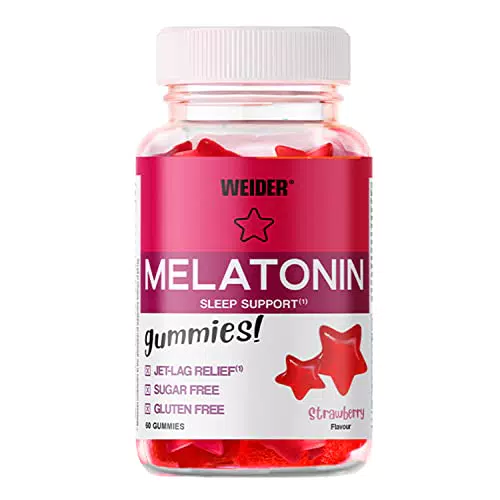 Weider Melatonin Gummies Sabor Fresa. 1 mg de melatonina por gominola. Sin Azúcares y Sin Gluten. Ayuda contra el Jet-lag y para mejorar la calidad del sueño