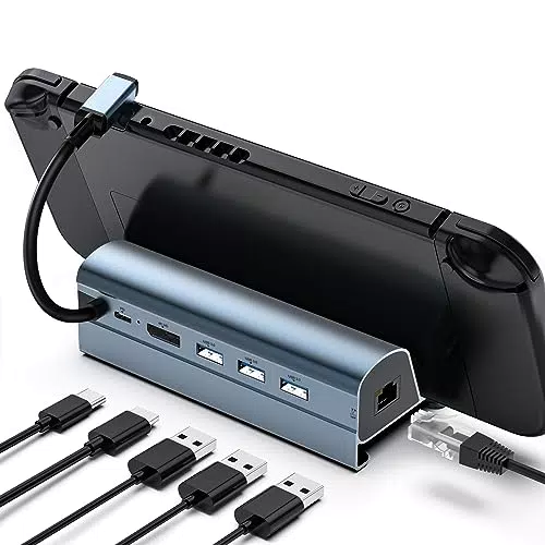 ZOVHYYA 6 en 1 Estación de Acoplamiento Compatible con Puerto Ethernet HDMI 4K @ 60 Hz PD Tipo C de 60W 3 Puertos USB 3.0 con Almohadilla de Goma Suave Antiarañazos para Steam Deck