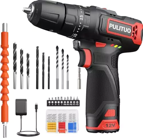 12 V Taladro Atornillador, PULITUO Taladro Eléctrico Compacto con 1.5Ah Batería