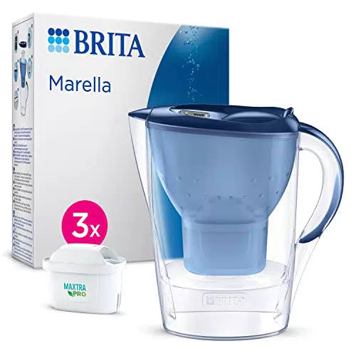 Brita Jarra con Filtro de Agua Marella Azul Incl. 3X Cartuchos MAXTRA Pro All-in-1: Jarra Apta para frigorífico con memo Digital y Tapa abatible Que Reduce el Cloro