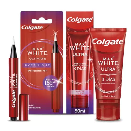 COLGATE - Pack Blanqueador, Pasta Dental Blanqueante Max White Ultra 50 ml + Pincel Blanqueador Dental Max White OverNight 35 Usos