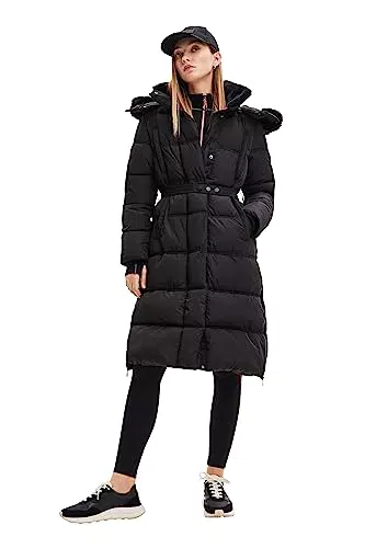 Desigual Surrey Woman Woven Padded Long Overcoat, Negro