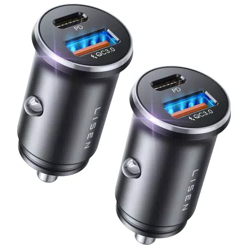 LISEN Cargador Coche Carga Rapida Paquete de 2, PD&QC3.0 Cargador Coche para iPhone 15 48W Cargador iPhone Coche Cargador Mechero Coche Adaptador Coche USB C para iPhone 15 14 13 Pro MAX