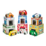 Melissa & Doug Juego de madera de colocar y clasificar edificios y vehículos