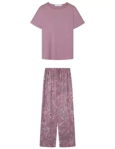 Women'secret Pijama Rosa Manga Corta pantalón Largo Flores Viscosa satén Juego