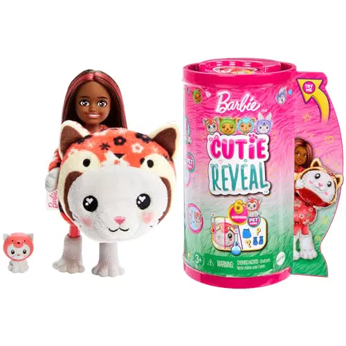 Barbie Chelsea Cutie Reveal Serie Disfraces Gatito Panda Rojo - Muñeca con Mascota y Accesorios Sorpresa - Mattel