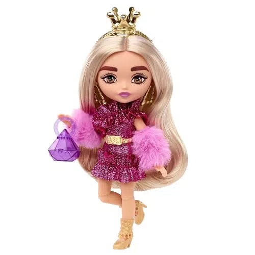 Barbie Extra Mini Rubia con Corona Dorada Muñeca pequeña con Vestido Rojo