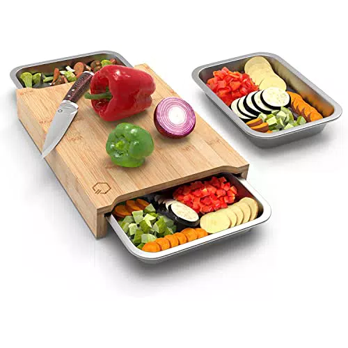 Liebspecht Premium Tabla de cortar con bandejas, bambú con 3 placas de cocción de acero inoxidable