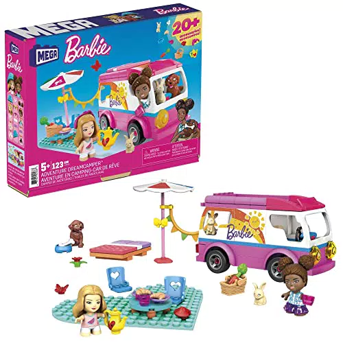 Mega Construx Barbie Supercaravana de aventuras, muñecas y coche de juguete de bloques de construcción con accesorios