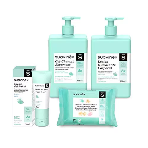 Suavinex Pack Cosmética Gran Formato: Gel-Champú Espumoso + Loción Hidratante + Crema Pañal + Pack Toallitas.
