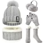 WEASIC Conjunto Bufanda, Orejeras, Gorro y Guantes Tactiles para Mujer - Antideslizantes Calcetines de Invierno