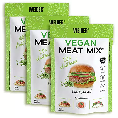 Weider Pack Vegan Meat Mix - 3 Unidades. Sustitutivo de carne rico en Proteina Vegetal 75% + Fibra Vegetal 20%. Sin Gluten. Sin Conservantes. Fácil Preparación. Recetas Infinitas. 3x150g