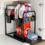Organizador de Cocina Deslizable con 2 Niveles y 4 Ganchos - Almacenamiento Bajo Fregadero