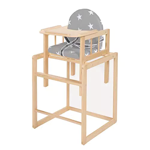 Trona Convertible en Mesa y Silla Infantil con Asiento Acolchado - Motivo de Estrellas - Madera Natural