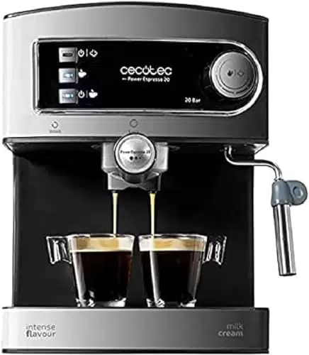 Cafetera Express Manual Power Espresso Cecotec 850 W, Presión 20 Bares, Depósito 1,6L, Acero Inoxidable