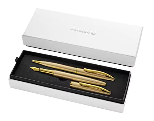 Bolígrafo y Pluma Estilográfica Pelikan Jazz Nobel Elegance en Metal Gold con Tinta Azul