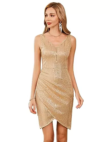 Vestido de Cóctel de Mujer Vintage con Lentejuelas y Cuello en V - Estilo sin Mangas