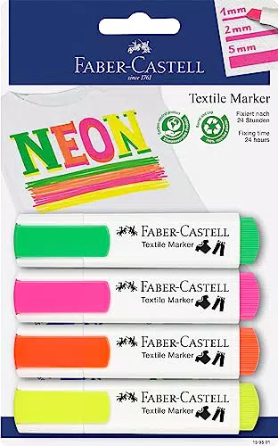 Rotulador textil Faber-Castell en colores neón para telas claras, ancho de trazo de 1 a 5 mm.