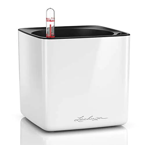 Maceta LECHUZA CUBE Glossy 14 con Sistema de Riego - Blanco Brillante