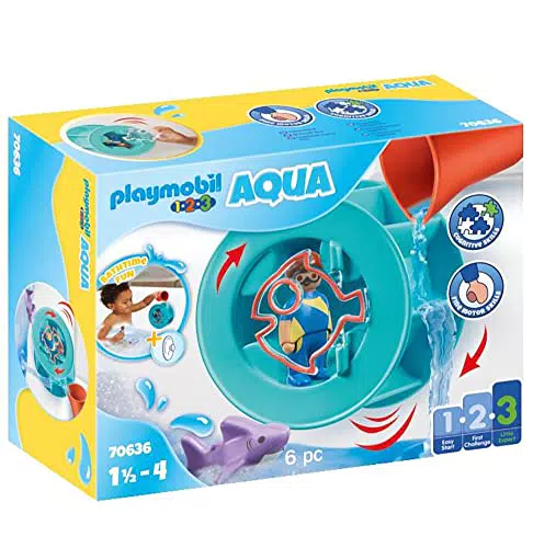 PLAYMOBIL Aqua 70636 Rueda de Agua con bebé tiburón - Juguete de baño para niños pequeños con tiburón flotante - A partir de 18 meses