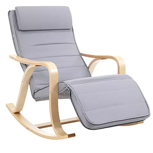 Mecedora SONGMICS de Madera de Abedul con Reposapiernas Ajustable - Gris Claro