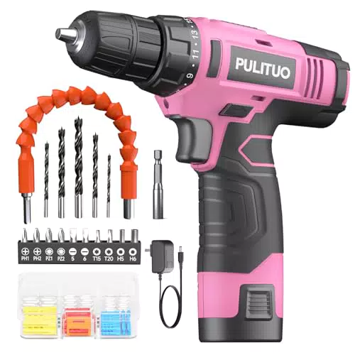 PULITUO Taladro Inalámbrico 12V con Batería Li-Ion y Portabrocas Sin Llave