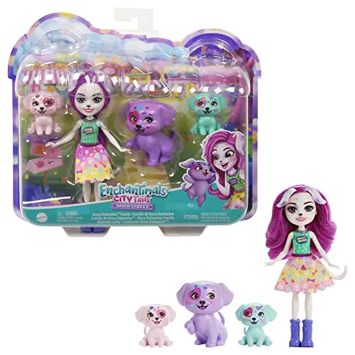 Mattel Enchantimals City Tails Muñeca Dessa Dalmatian y Hermanas con Mascotas