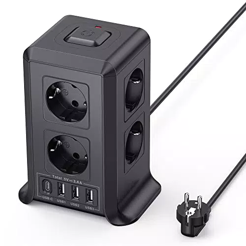 Regleta Enchufes USB 8 Tomas AC y 4 USB, Protección Sobretensión, Interruptor