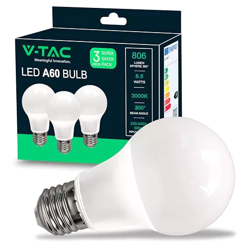 V-TAC Bombillas LED E27 A60 8,5W 806 Lúmenes 3000K Blanco Cálido Máxima Eficiencia